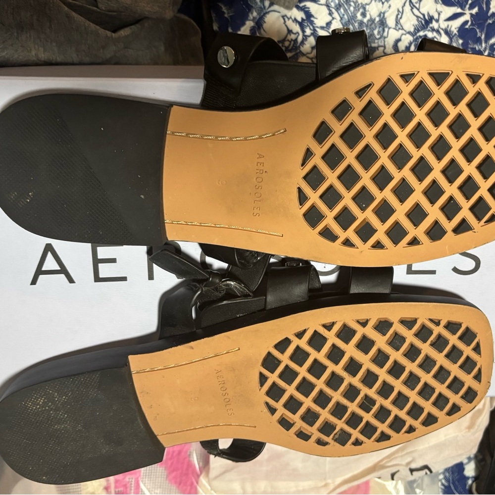 AEROSOLES St. Mark Black Leather Studded Sandals - Picture 2 of 3